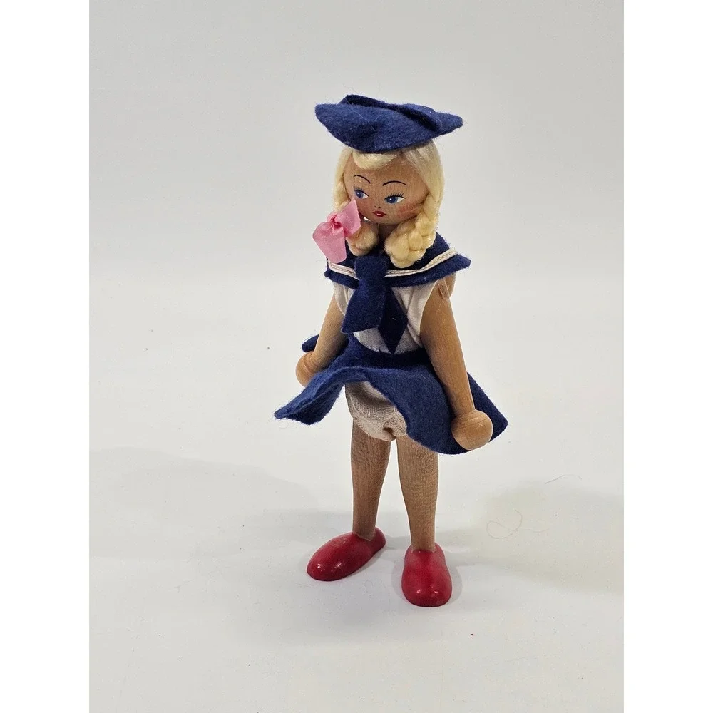 VINTAGE Peg Doll Wooden Articulated Sailor Felt Navy Blue Souvenir Toy 7.5